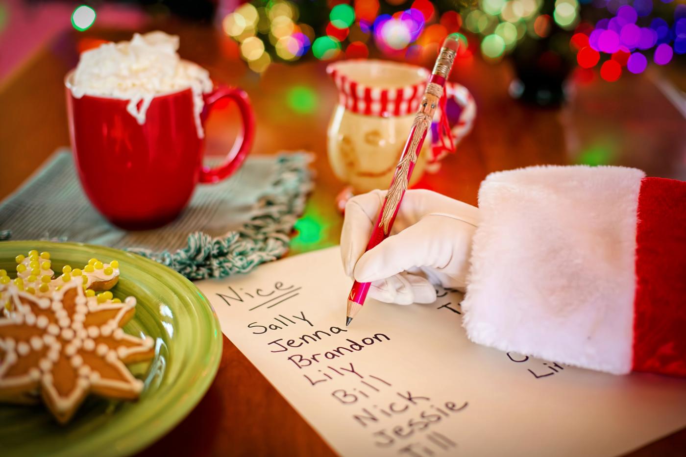 Santa's hand making a list with cocoa